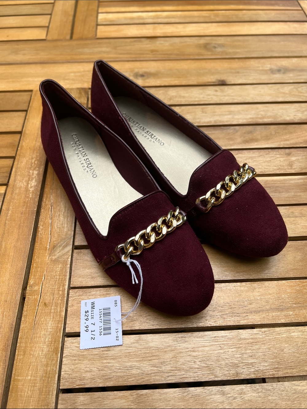 Christian Siriano Burgundy Flats with Gold Chain Detail